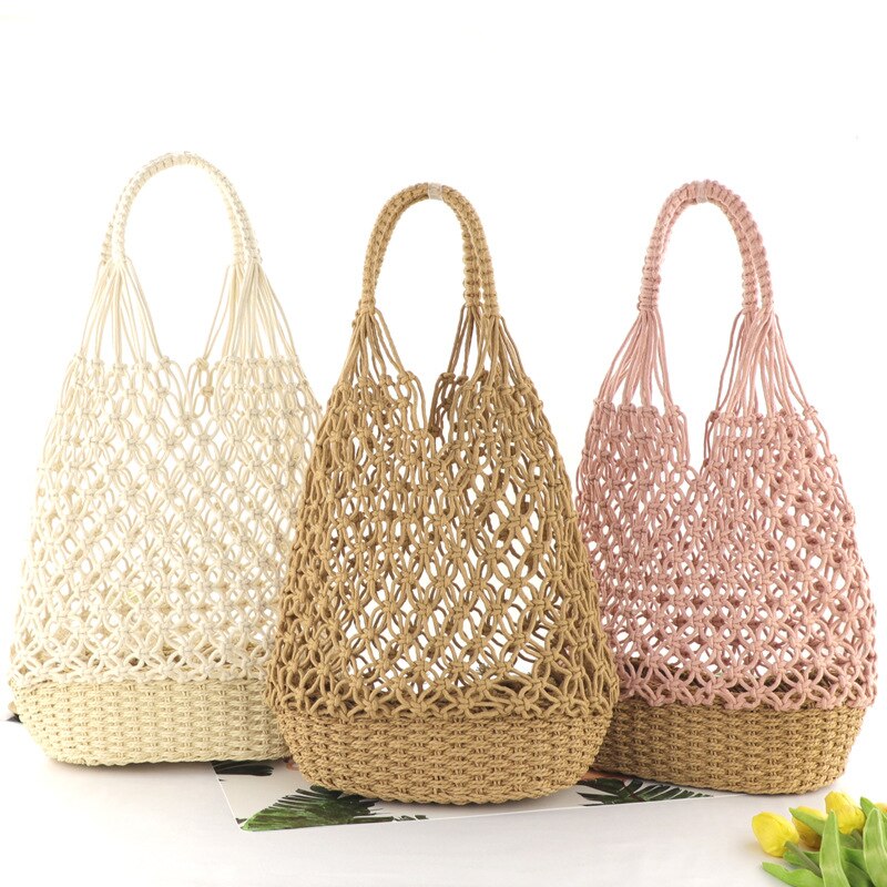 Frauen gewebte Gittergewebe Einkaufstasche Baumwolle Seil + stroh Weben Reticulate Hohl Stroh Tasche Netz Schulter Tasche Strand Taschen