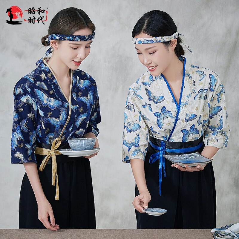 Sushi Restaurant Chef Uniform Kimono Japanese Style Print Work Clothes Pick Size