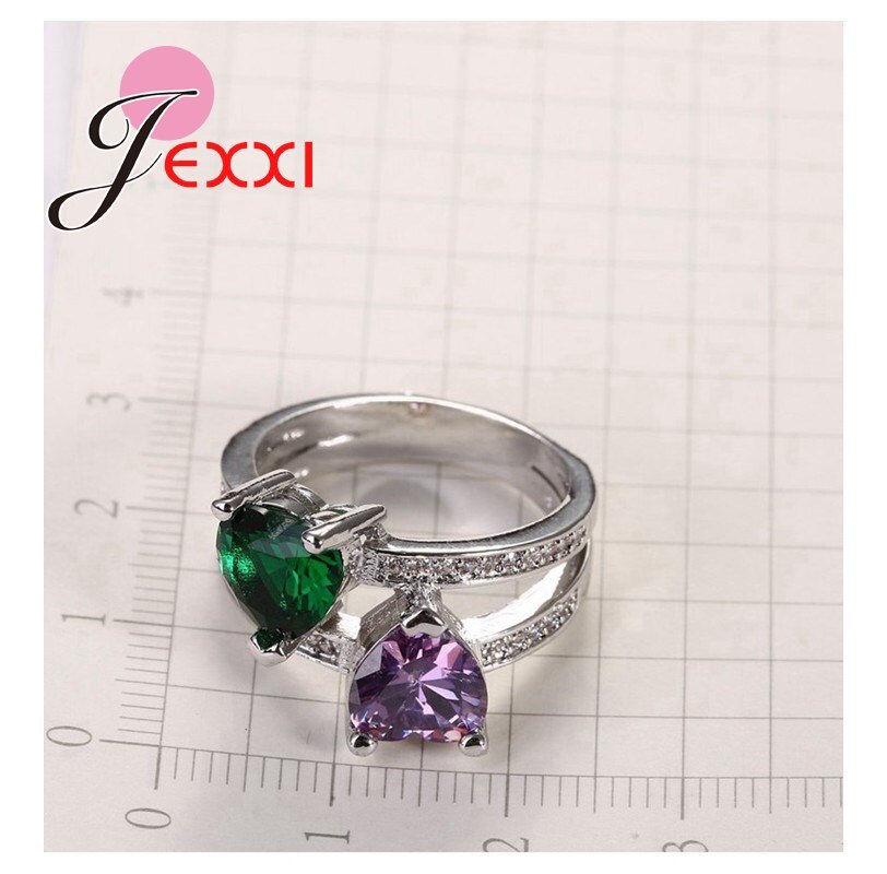 Moda criativa jóias anel oco romântico duplo coração roxo verde cz cristal anéis de festa de casamento feminino
