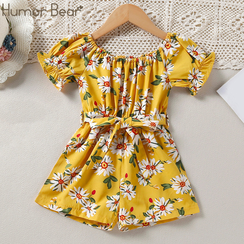 Humor Bear 2022 Summer Princess Girl Floral Romper Off shoulder Flare Sleeve Bow Striped Jumpsuit Playsuit Outfit Kids Clothes