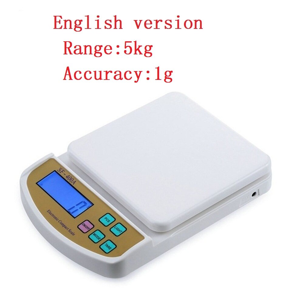 Báscula Digital de cocina, báscula de peso, báscula de equilibrio electrónica, SF-400A botón en inglés, 2/5/10Kg 1g/0,1g: 5kg  1g