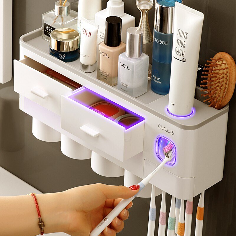 Toothbrush Holder Automatic Toothpaste Dispenser With Cup Wall Mount Toiletries Storage Rack Bathroom Accessories Set