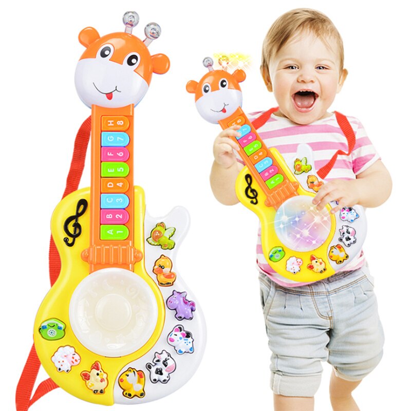 Kids Musical Instrument Toys Baby Electric Guitar Sound&amp;Light fawn Music Toy Cartoon Pattern Colorful Educational Toy As