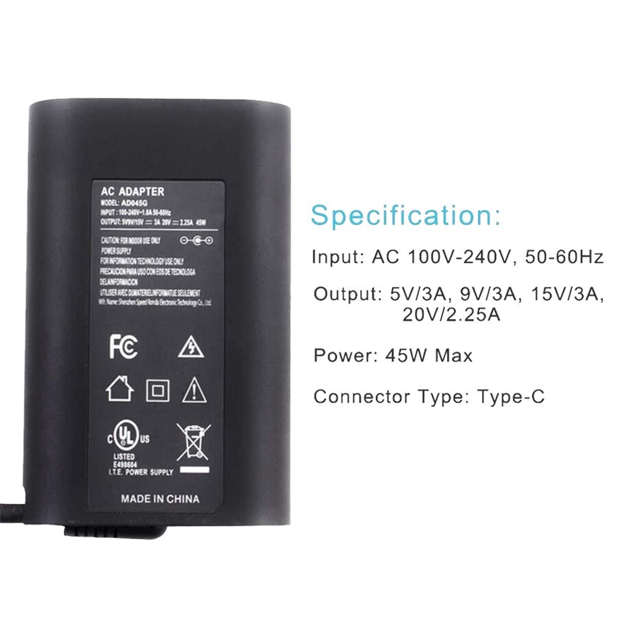 Usb -c 45w typ-c laddare adapter för dell xps 13 9365 9370 7390 9380, latitude 7389 7275, plats 8 pro 5855, 492- bbuu ,la45 nm 150