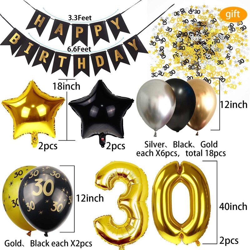 30/40/50/60th 40 tommer aluminiumsfolie nummer ballon fødselsdagsfest dekorationer banner papir pom-pom sort guld balloner sæt