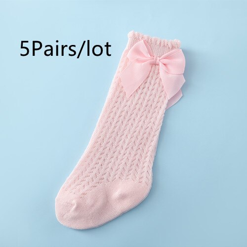 Lawadka-Calcetines de malla de algodón para bebé recién nacido, medias hasta la rodilla con lazo, calcetín largo para niño de 0 a 24 meses, 5 par/lote,: pink 5 Pairs / M 12to24month