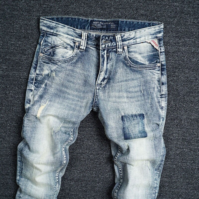 Pantalones vaqueros Vintage italianos para hombre, Jeans rasgados ajustados de color azul claro Retro para hombre, ropa de calle de , Jeans de de Hip Hop para hombre