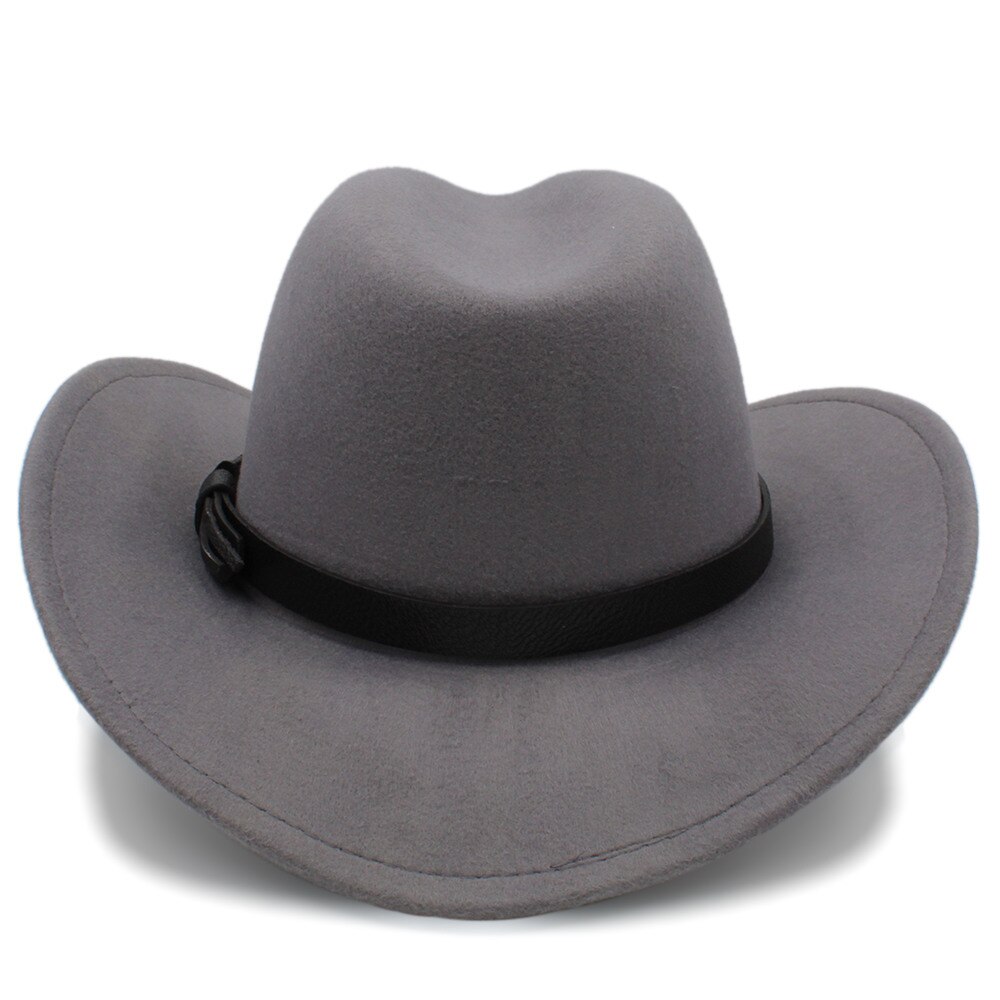 Kvinder uld hule vestlige cowboy hat roll-up bred skygge dame jazz sombrero hombre cowgirl kasket med punk bælte størrelse 56-58cm