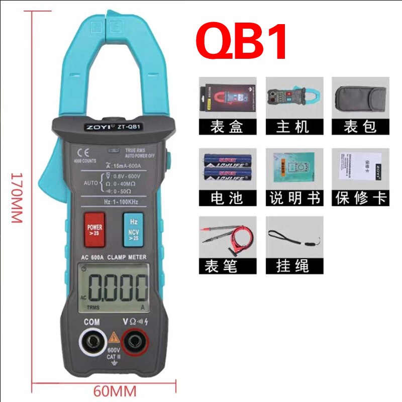 ZOYI Clamp Multimeter ZT-QB1/QB3/QB4 4000 count True RMS Digital Auto Range Data Hold Peak Hold Flashlight NCV Test 600A Ammeter: QB1