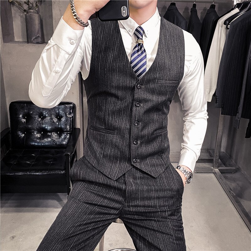 retro Gestreiften Herren Anzug Weste Clever Beiläufige Dünne Westen Männer Formale Kleid Geschäft Hochzeit Party Jahrgang Männlichen Weste Gilet Homme: dunkel grau / XXXL