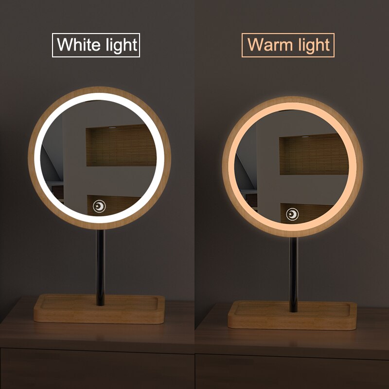 Led Houten Desktop Make-Up Spiegel 3X Vergrootglas Usb Opladen Verstelbare Bright Diffuus Licht Touch Screen Beauty Spiegels