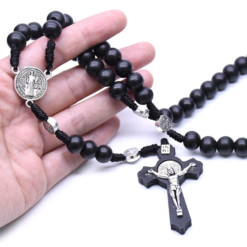 Zwarte Houten Kruis Religieuze Ketting Katholieke Rozenkrans Ketting Kerk Souvenirs M68E