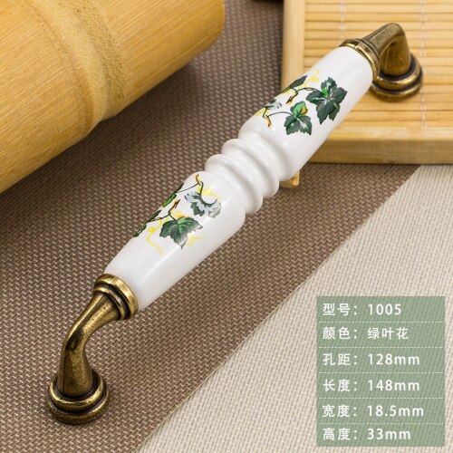 Tirador de cerámica para cajón de armario de cocina, armario con patrón de hojas verdes y flores, perilla para mesita de noche, para jardín: B3-128mm pitch