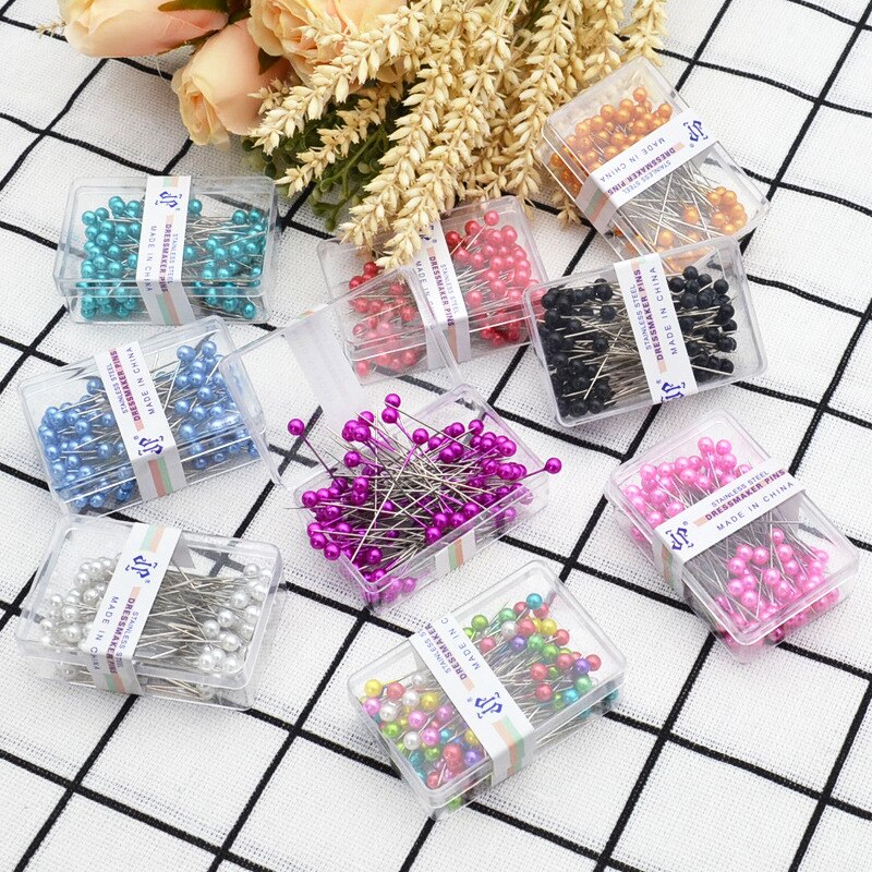 100Pcs/Box Colorful Round Pearl Head Needles Stitch Straight Push Sewing Pins For Dressmaking DIY Sewing Tools Positioning 38cm