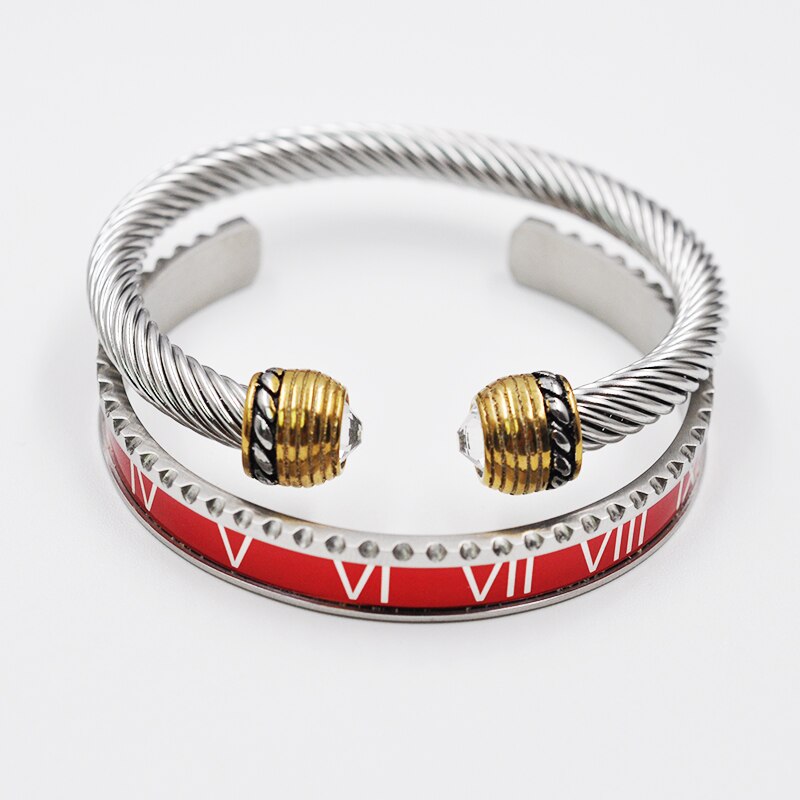 Outdoor Black Roman Numeral Bracelet Men's Cable Wire Rope Bracelet Stainless Steel Men Bangles Punk Street Jewelry Accessories: Set Gold  Red