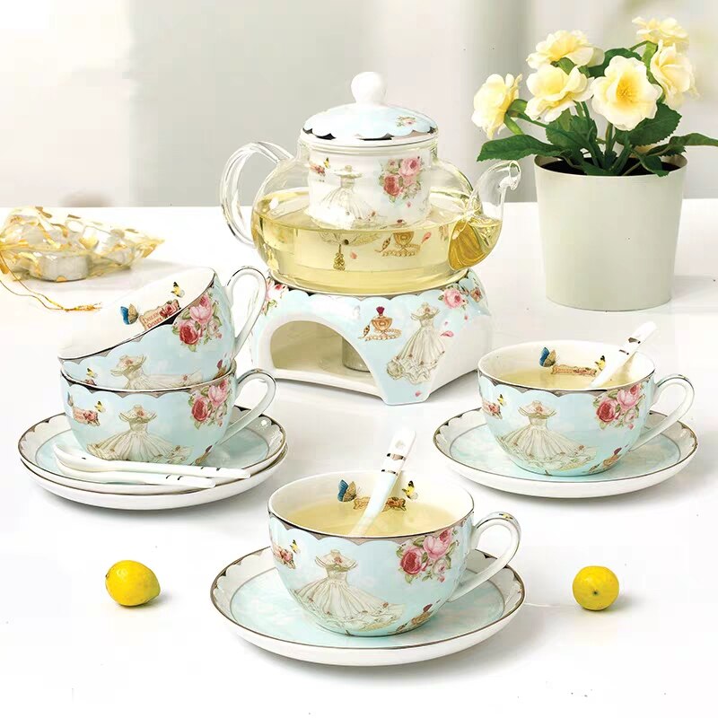 Romantic Household Flower Tea Teaware Coffee Set Heatable Base Tea Stove Glass Teapot Ceramic Coffee Cup Saucer Spoon Set
