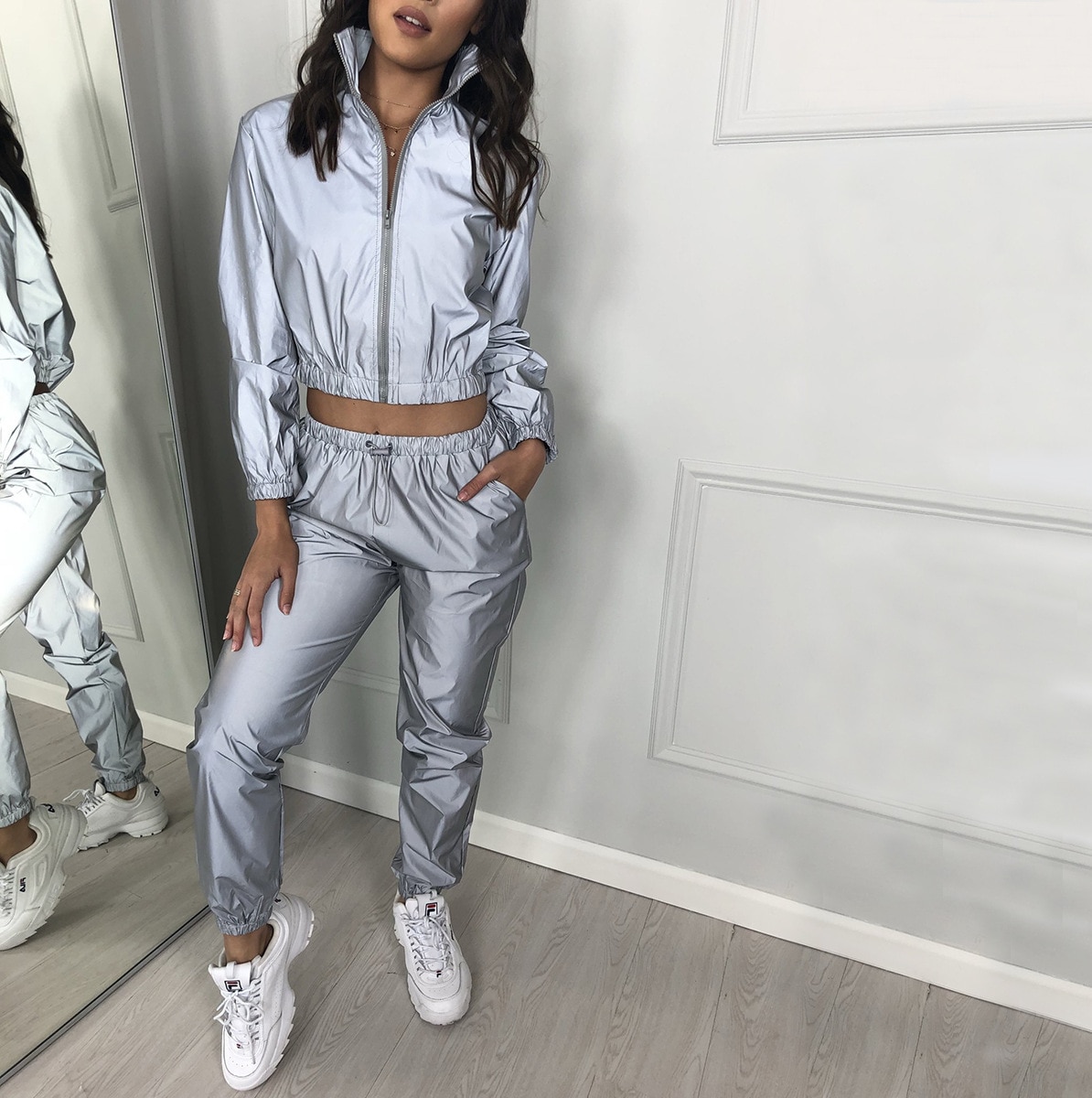 2 Piece Women Tracksuits Set Reflective Jacket and Long Pants Ladies Loose Zipper Shine Sweatsuit Outfits Sets