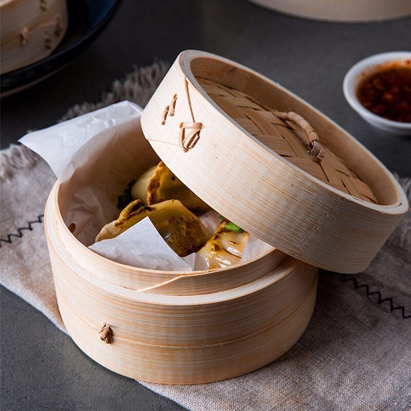 Holdbar enkelt bambus dampkoger med låg 13.5-24cm kinesisk køkken køkkengrej fisk ris dim sum snack kurv ris pasta komfur sæt