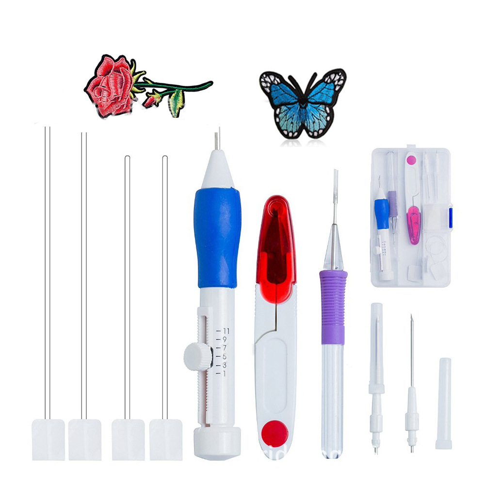 Embroidery Starter Kit Full Set-Magic Embroidery Pen Punch Needle,Hoops,Threads,Stitching Punch Pen Set Craft Tool for Beginner