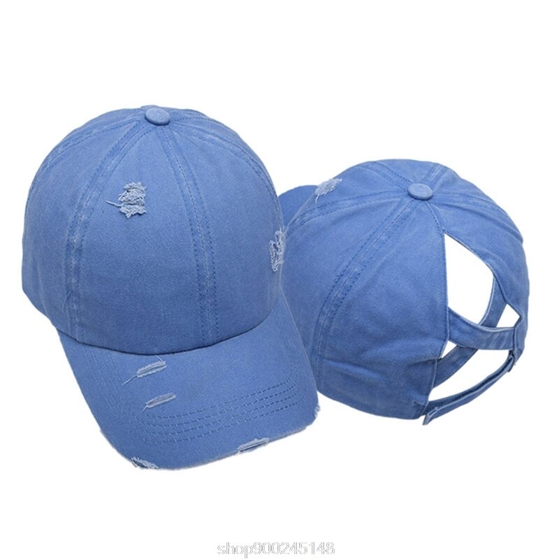 Femmes lavé casquette de Baseball crème solaire en détresse déchiré Criss croix haute queue de cheval réglable chapeau de relance N12 20 directe: Denim Blue