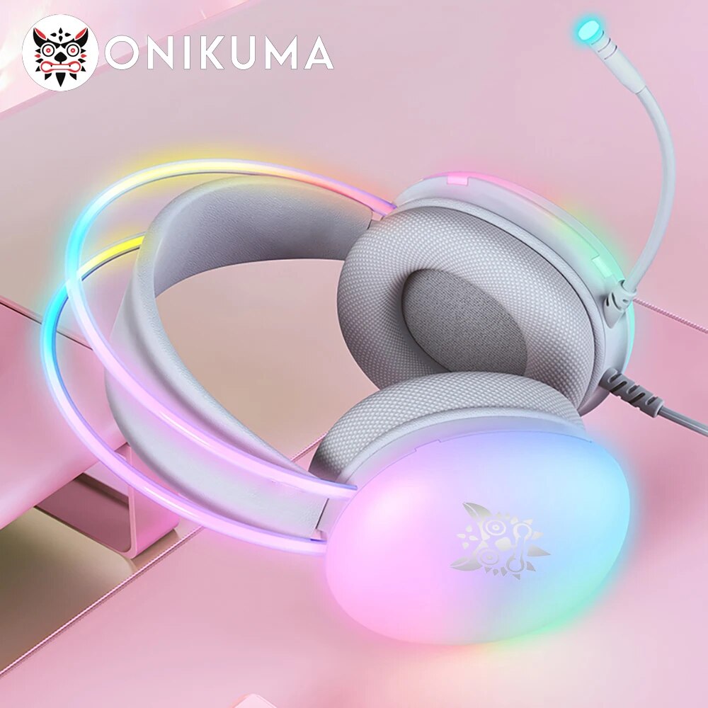 Onikuma gaming headset with fully illuminated dynamic rgb lighting, wired gaming headphones, noise-canceling microphone, portable headphones
