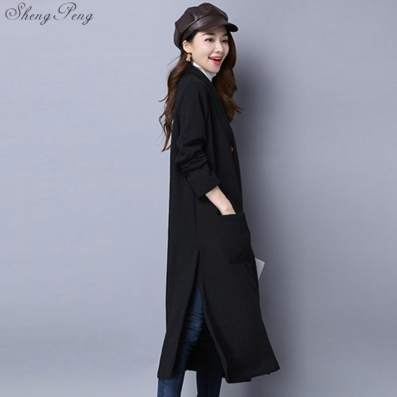 Style chinois automne hiver manteau femmes nouveaux arrivants grande taille veste bouton chinois long manteau robe décontractée V1128