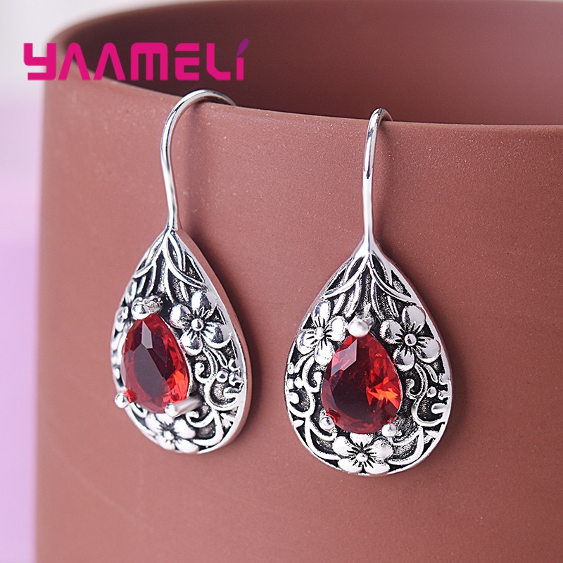 Pendientes de gota de agua de estilo Retro para mujer, Plata de Ley 925 antigua, circonita roja, tallado de flores