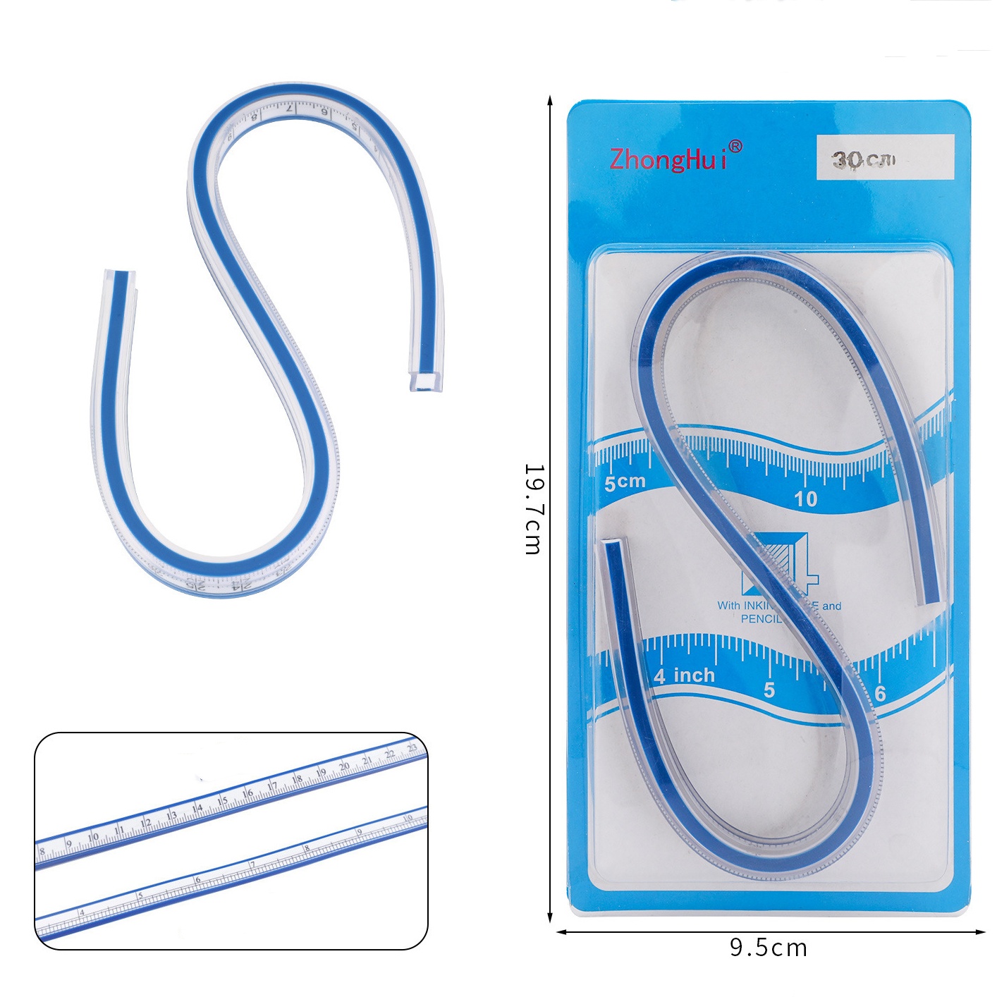 30cm Gebogen Naaipen - Flexibel Plastic met Engelse & Metrische Schalen - Tekengereedschap: Wit
