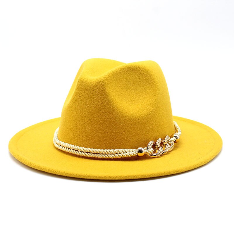 Chapeau fedora noir/blanc à large bord en feutre pour homme et femme, en mélange de laine artificielle, simple, église, derby, haut-de-forme, panama, solide, jazz, casquette: YELLOW