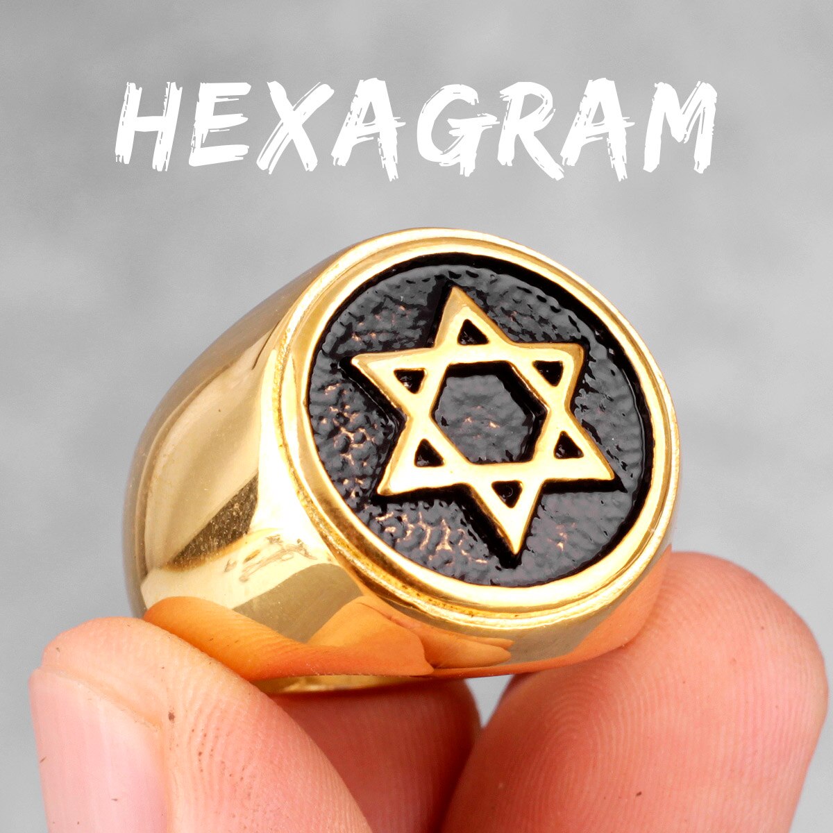 Anillo de acero inoxidable con hexagrama de Estrella de David para hombre, joyería de estilo Punk Hip Hop para hombre y niño, para motorista,: 12 / R493-Gold