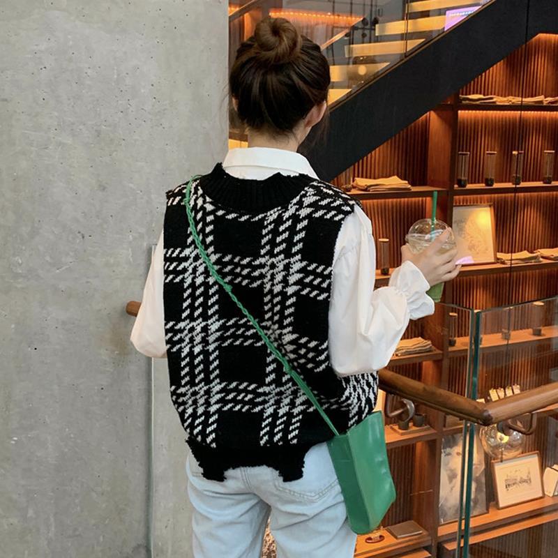 Rutig stickad tröja väst kvinnor retro enkel matchande koreansk lös casual snygg v-ringad kvinnlig oregelbunden street-wear harajuku