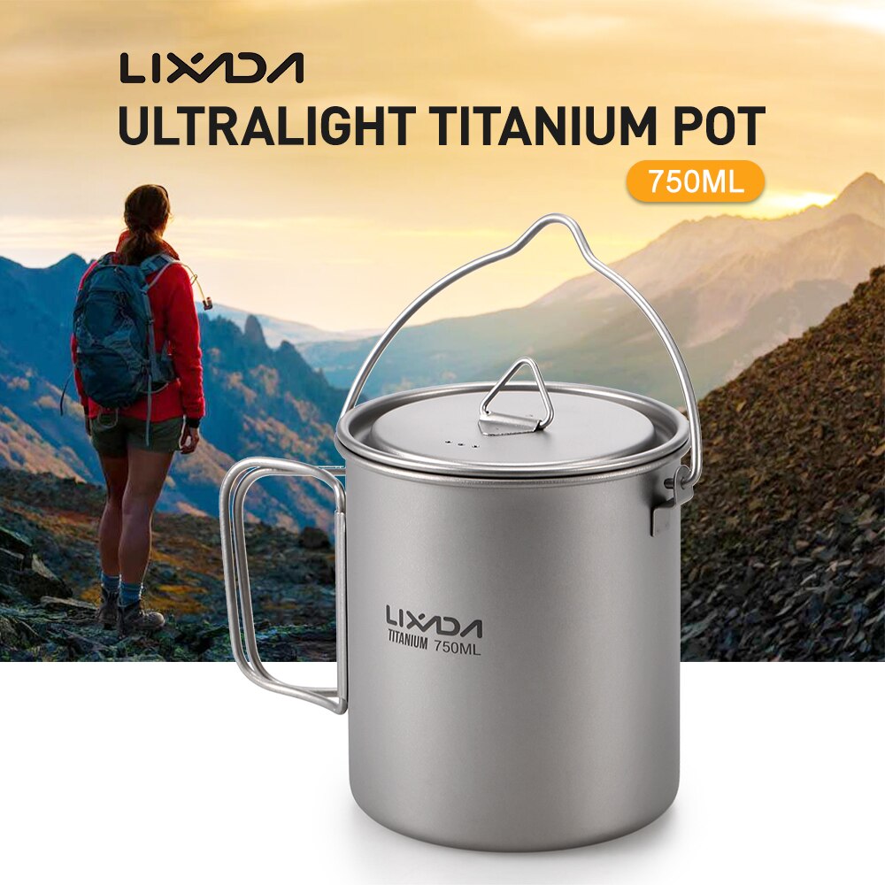 Lixada Lightweight Titanium 3 Pieces Set Titanium 750ml Pot Water Cup Mug Folding Spork for Outdoor Camping Hiking Backpacking: 750ML Pot