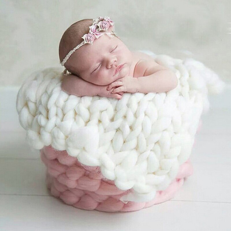 Håndstrikket ull heklet babyteppe fotografering rekvisitter klumpete strikk solide baby sengetepper kurv vogn