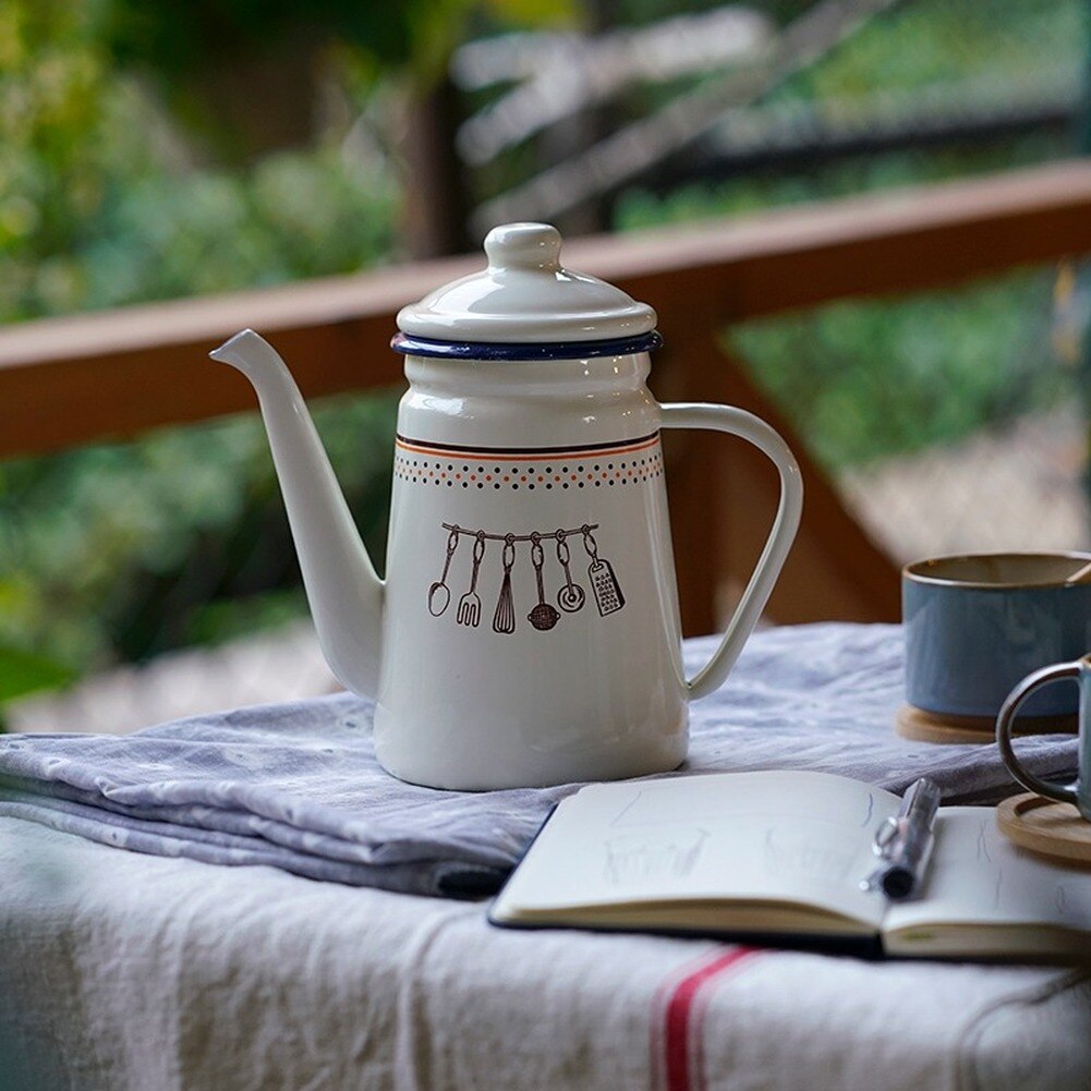 1100ML Japanese Pour Over Drip Coffee Kettle Enamel Heatable Water Tea Pot Pitcher Cafetera Barista Milk Jug For Induction Gas