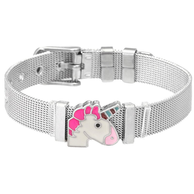 de joyería de acero inoxidable Keeper Mesh Bracelet Set con corazón Arco Iris unicornio finos dijes pulseras como para mujer: S009