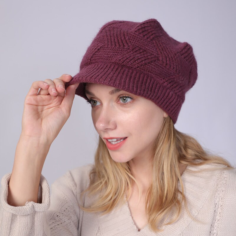 Women Winter Crochet Pure Color Hat Cap Velvet Faux Rabbit Fur Knitted Hat Brim Beret Cap Headwear For Women Girls