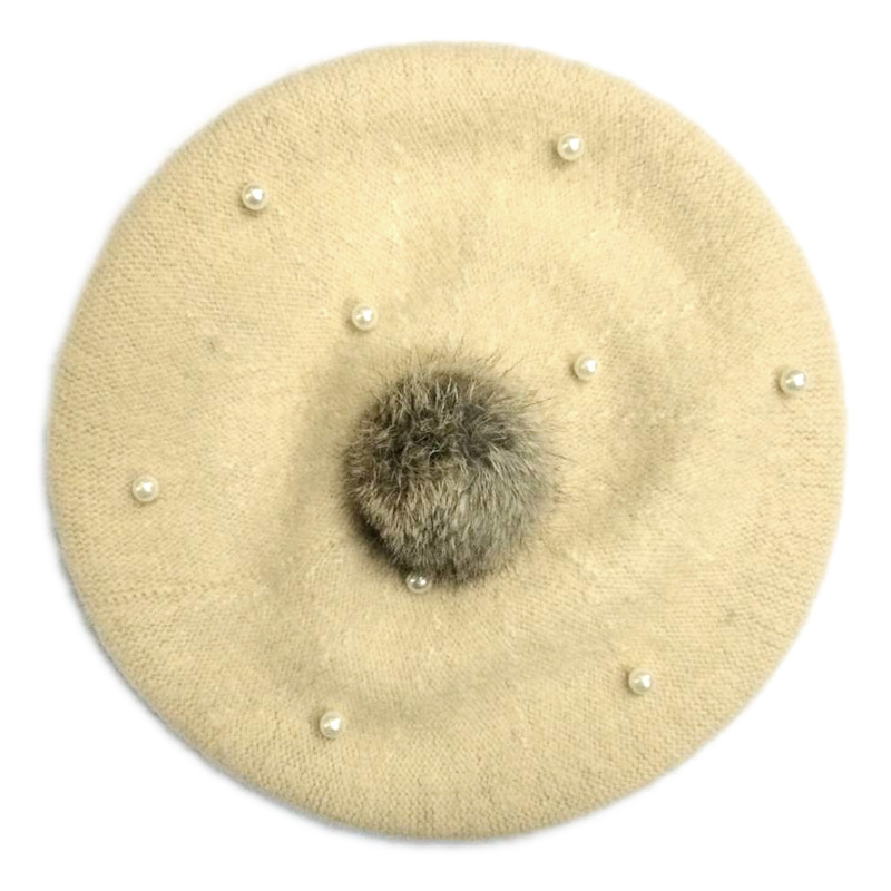Børn perle kanin pels baret hat til baby piger hue hatte med pompon multicolor: Beige