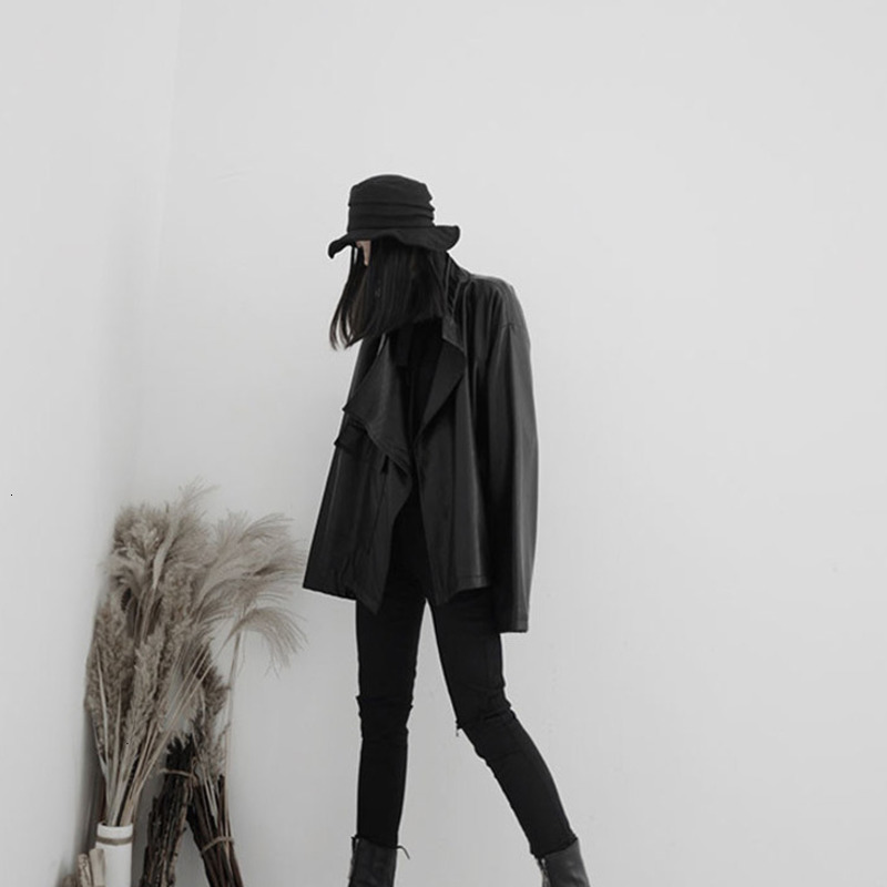 [EAM] coupe ample grande taille asymétrique Pu cuir veste revers à manches longues femmes manteau printemps automne 19A-a543