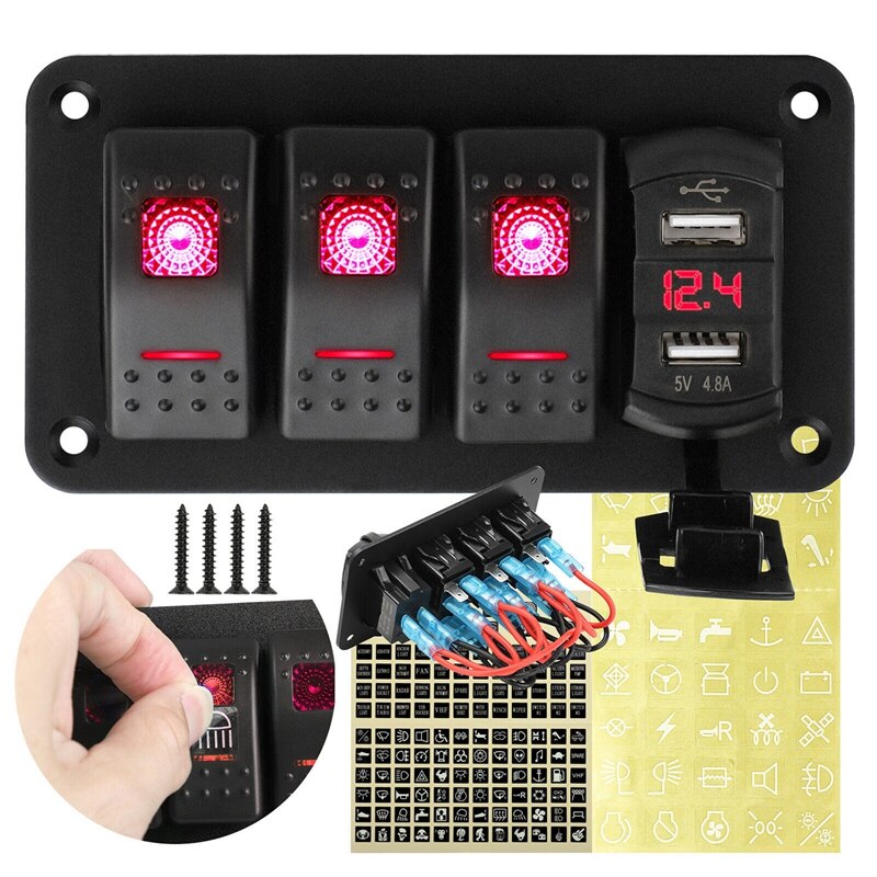 4 Gang Toggle Rocker Switch Panel with USB for Car Boat Marine RV Truck Red LED