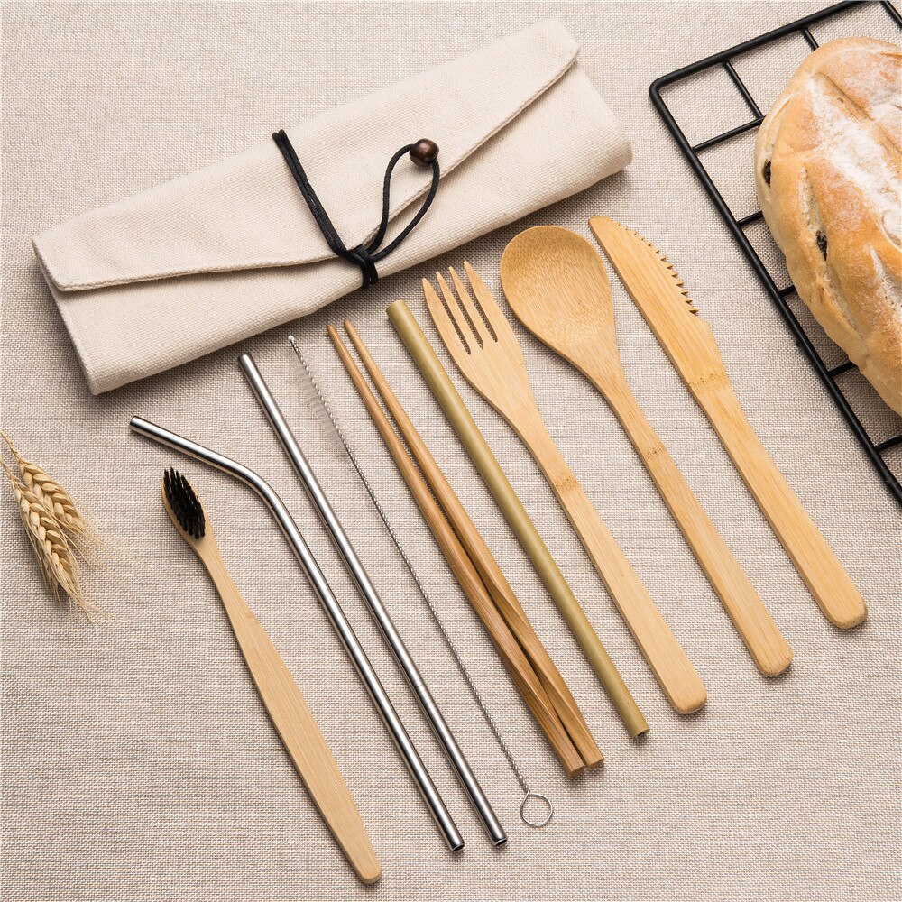 10 stuks Herbruikbare Bamboe Bestek Set Draagbare Servies Houten Bestek Vork Lepel Mes Set met Bestek Tas voor Travel Dinning set: 10pcs set0011