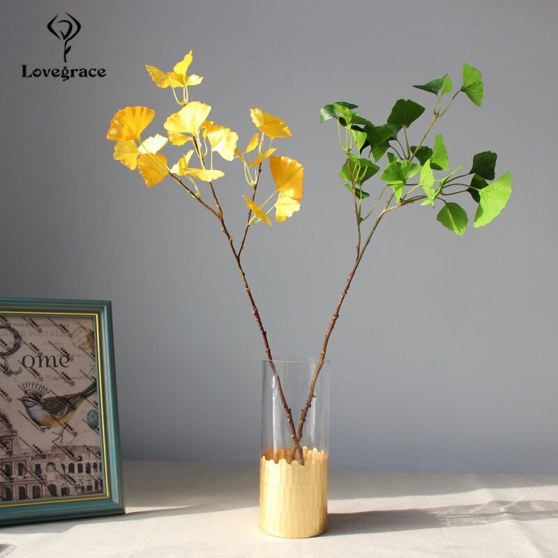 Lovegrace konstgjord växt ginkgo blad 3 gafflar jungfruhår träd handgjord grön växt diy bukett blomsterarrangemang ginkgo biloba