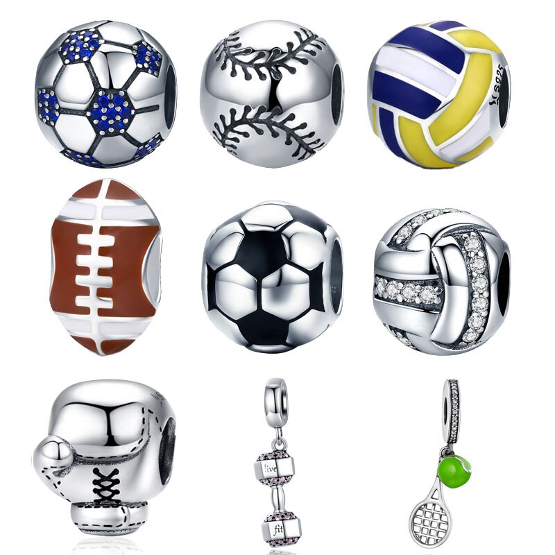 BISAER-bolas de fútbol de Plata de Ley 925 auténtica, bolas deportivas de voleibol, dijes compatibles con cuentas de plata, fabricación de joyas DIY