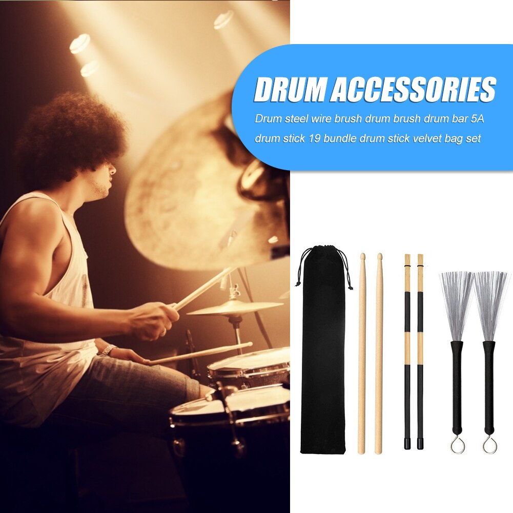 Drum Sticks Wooden Drumsticks Set 1 Pair Drum Wire Brushes Drum Sets Brush and 1 Pair Rods Drum Brushes 6 Pcs/Lots