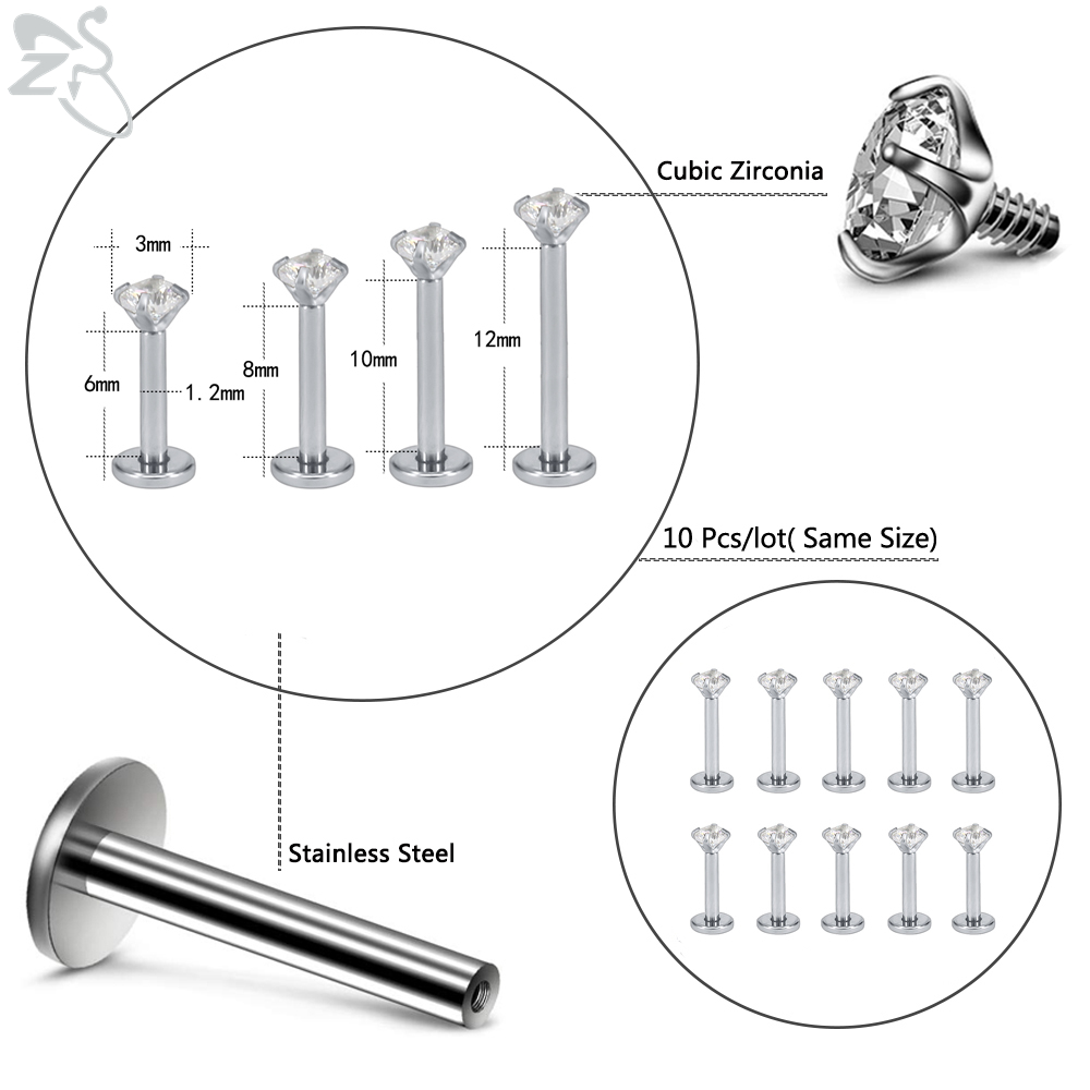 ZS 10 unids/lote 16G Acero inoxidable Labret labio Piercing hombres CZ cristal cartílago Tragus hélice Concha Piercings joyería 6/8/10/12MM