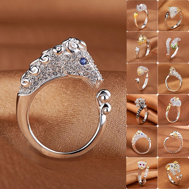 Koper Plated Crystal Mooie Hond Varken Konijn Aap Ingelegd Dier Ringen Vrouwen Meisje Opening Ring Wedding Party Sieraden