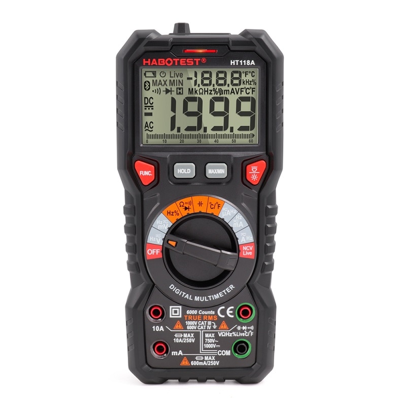 Multímetro Digital de rango automático HT118A, , voltímetro con 6000 recuentos, 1000V AC/DC Ohm Hz NCV en vivo C/F