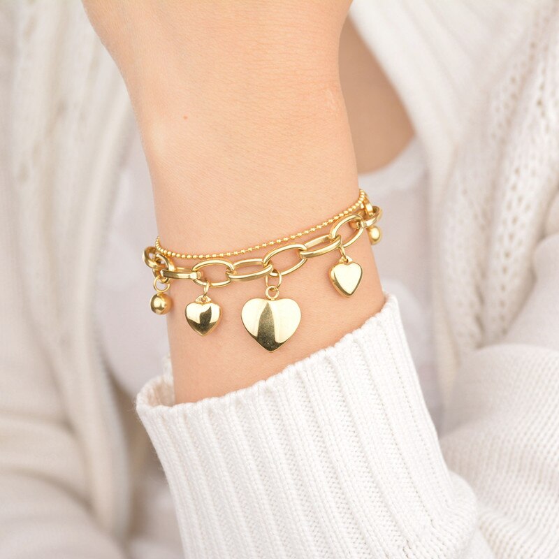 Top Gold Chain Heart Charm Bracelets Trendy Pendant Multilayer Bangles Wedding Birthday