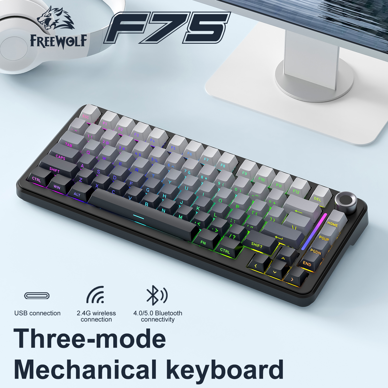 F75 - draadloze mechanische toetsenborden met verwisselbare toetsen, 75%  bluetooth-poorten met drie modi, /2.4g/ usb-c-poorten, rgb-achtergrondverlichting, montage met rubberen afdichting, , 4000 mah-batterij met lange levensduur.