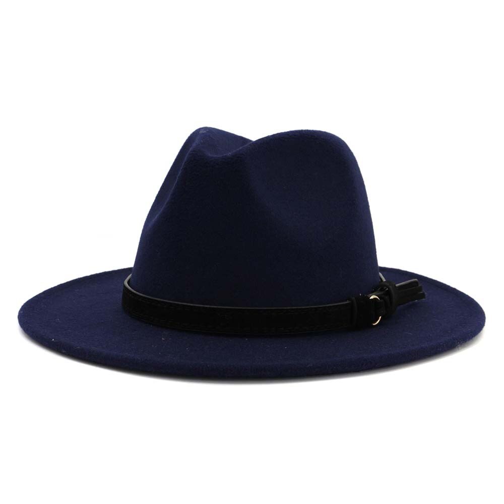 Vintage sommar bred brätte fedorahatt kvinnor lädersnöre imitation ylle jazzhatt keps chapeau för resor: 4