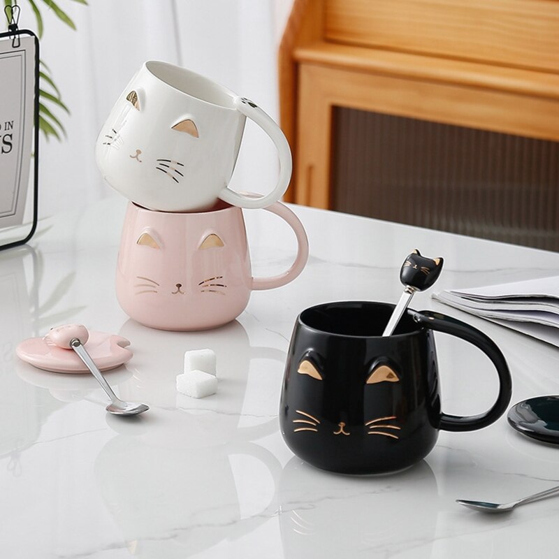 Taza con cabeza de gatito para amantes de los gatos, taza con cuchara de acero inoxidable, cálido, fácil de usar, taza para el hogar